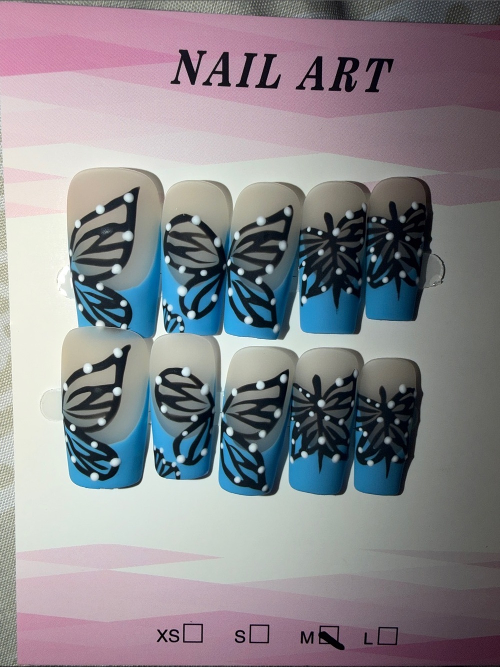 Blue Gradient Press-On Nails with Black Butterfly Design